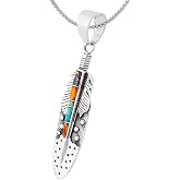 925 Sterling Silver Gemstone &amp; Turquoise Feather Necklace (Pendant &amp; 24" Chain)