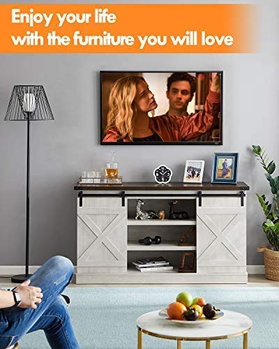 Hooseng Farmhouse Entertainment Center with Adjustable Shelves Sliding Barn Door Stands TVs Up to 60" Storage Cabinet Table for Living Room, 54" L x 15" W x 30" H, Sargent Oak - Image 3