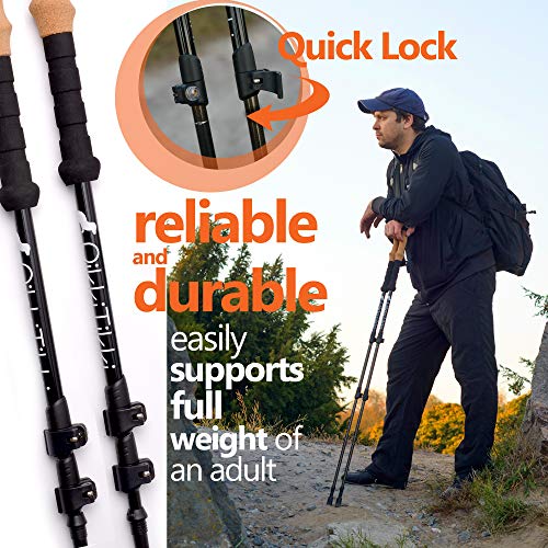 RikkiTikki Carbon Fiber Trekking Poles - Lightweight Collapsible Walking Poles with Cork Grips, Quick Locks, Carry Bag - Bonus: Selfie Shutter with Camera Mount