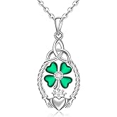 Fenthring St Patricks Day Shamrock Necklace Four Leaf Clover Necklace for Women Sterling Silver Celtic Claddagh Lucky Green Irish Shamrock Pendant Jewelry