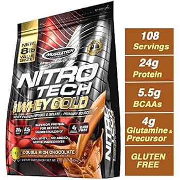 MuscleTech NitroTech 100% Whey Gold, Whey Isolate & Peptides, Double Rich Chocolate, 8 Pound