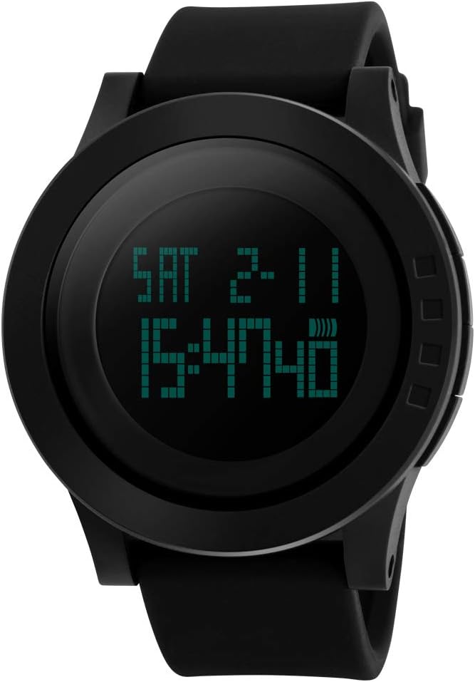ALCADANMen's Digital Sports Wrist Watch LED Screen Large Face Electronics Military Watches Waterproof Alarm Stopwatch Back Light Outdoor Casual Watch (L# All Black)