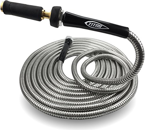 Titan 100FT Heavy Duty 304 Stainless Steel Garden Hose by BONUS Solid Brass Watering Nozzle Lightweight Kink-Free Strong Durable Metal Outer Layer