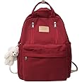 AONUOWE Preppy Backpack with Plushies Cute Backpack for Teen Girls Light Academia Bookbags Solid Aesthetic School Bag (Red)