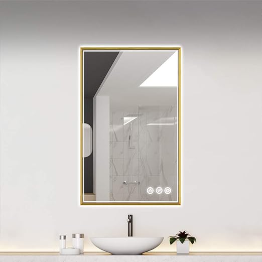 Amazon Com Lighted Vanity Mirror Led Bathroom Makeup Mirror Brightness Color Adjustable Wall Mounted Smart Memory Function 24 Inch X 36 Inch Gold Frame Home Kitchen
