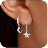 LOVECOM 925 Sterling Silver Moon and Star Drop Dangle Asymmetrical Earrings for Women Dainty 14k Gold Plated Crescent Hoop Huggie Mismatched Earring with Cubic Zirconia Celestial Jewelry Gifts