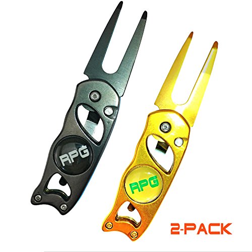 RPG Stainless Steel Switchblade Golf Divot Repair Tool with Ball Marker and Belt Clip--(GUNMETAL AND GOLD) Attach to golf belt, golf shirt, golf pants, golf shorts, or carry in pocket with golf tees
