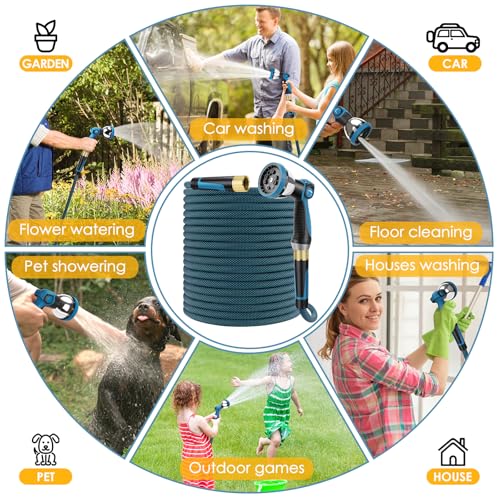 FLOERXIS Non-Expandable Garden Hose 100 FT, Lightweight Hose with 10 Function Spray Nozzle, Kink-Free Flexible Water Hose, Durable, Leak-Proof, 360° Swivel Connectors, Portable Storage Strap