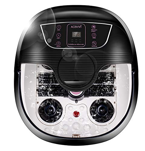 ACEVIVI Foot Spa Bath Massager with Heat and Massage and Bubble Jets, Motorized Shiatsu Massage Ball + Motorized Maize Roller + Rotatable Pedicure Stone, Red Light, Adjustable Time & Temperature,LED