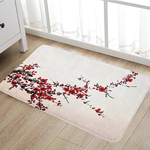 Art door mats for inside Cherry Blossom Sakura Tree Branches Ink Paint Stylized Japanese Artful Pattern Bath Mat for tub Bathroom Mat 16"x24" Red Cream Brown
