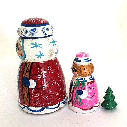 Santa Snowmaiden Xmas tree nesting dolls Russian Hand Carved Hand Painted 3 piece matryoshka set