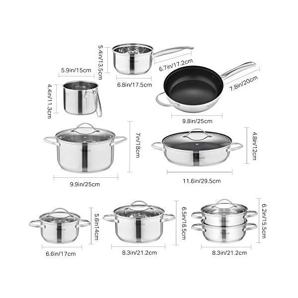 Velaze Cookware Set 14-Piece Stainless Steel Pot & Pan Sets Induction Safe, Saucepan, Casserole, Casserole, pan with…