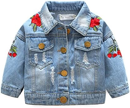Baby Girls Denim Jacket Rose Flower Embroidery Toddler Ripped Denim Coat For Kids