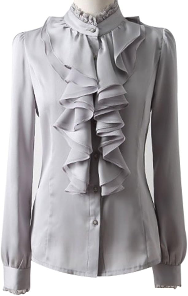 Yasong Women Ladies Long Sleeve Formal Top Work Blouse Frill Ruffle Blouse