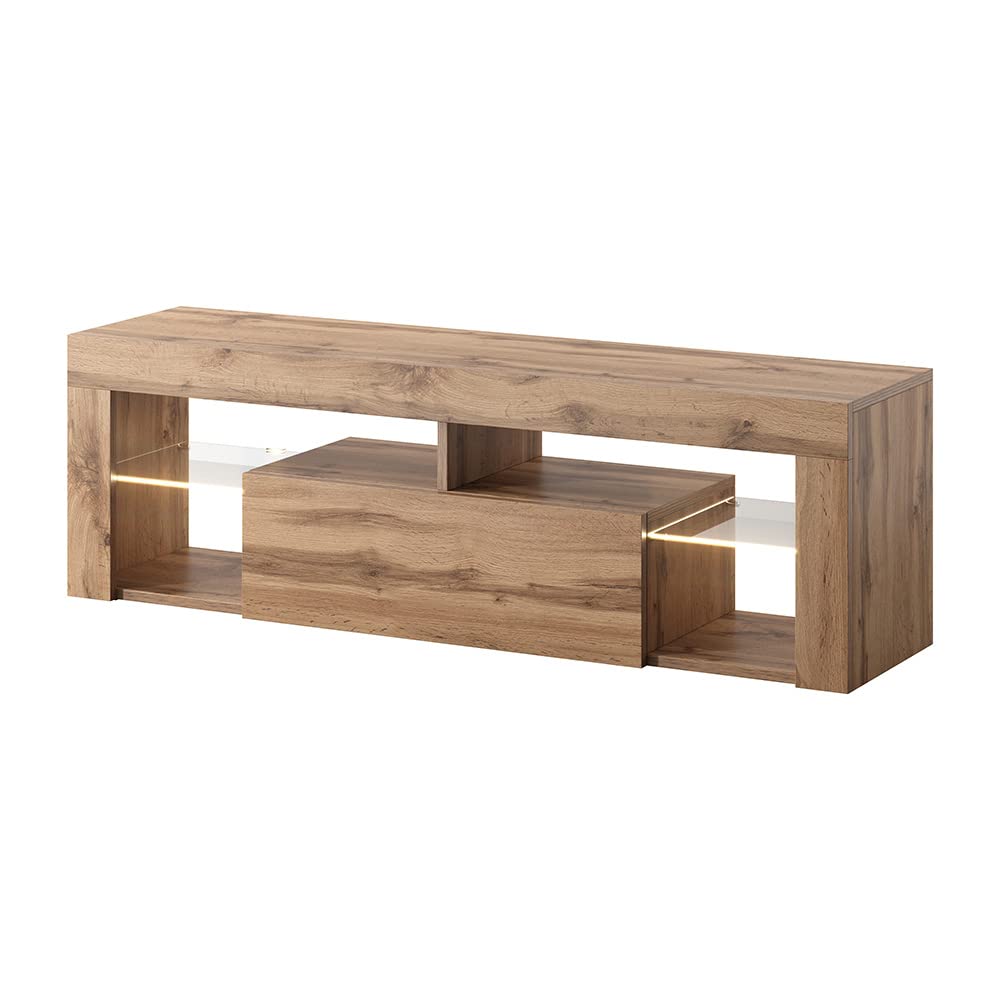 Selsey BIANKO - Modern TV Stand - TV Cabinet - 140 cm - LED Lighting - Lancaster Oak