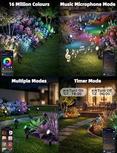 8Pack 24V LED Garden Spike Lights Mains Powered RGB + Warm White, IP65 Waterproof for Outdoor, 26M LED Garden Uplighters Bluetooth App & Remote Control, Color Changing Pathway Lights for Yard