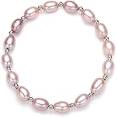 BAMIKI Real Pearl Bracelets for Women, S925 Sterling Silver Spacer Beadeds Stretch Bracelet, 8-9MM Freshwater/Saltwater Cultured Pearls Jewelry Gifts for Wife Mother, Adjustable Fit of 7-8Inch