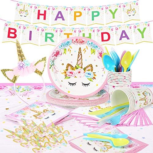 Unicorn Party Supplies Set & Tableware Kit | Birthday Decorations Bunting, Disposable Paper Plates, Cups, Napkins, Table Cloth, Cupcake Toppers, Head band - Serves 16