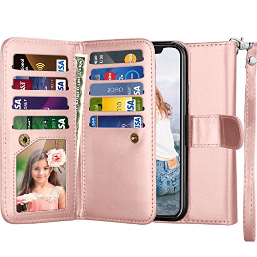 Njjex iPhone X Case, For iPhone XS Wallet Case, PU Leather [9 Card Slots] ID Credit Folio Flip Cover [Detachable] [Kickstand] Magnetic Phone Case & Wrist Lanyard For iPhone X 2017/ XS 2018 [Rose Gold]