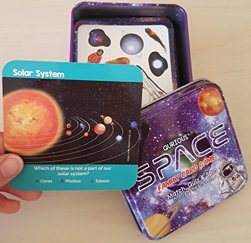 QURIOUS SPACE - 4 fast & fun STEM space card games! Explore, Match, Quiz & Spin throughout the Universe! 90 double-sided, full color play cards. Ages 3+