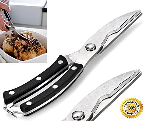 Heavy Duty Kitchen Shears | Perfect For Poultry, Chicken, Fish, Meat, Garden &amp; Plastic, Sharp Blade- Safety Clip- Spring Loaded Kitchen Scissors - EASY Clean Multi-Purpose Utility Scissors - Black