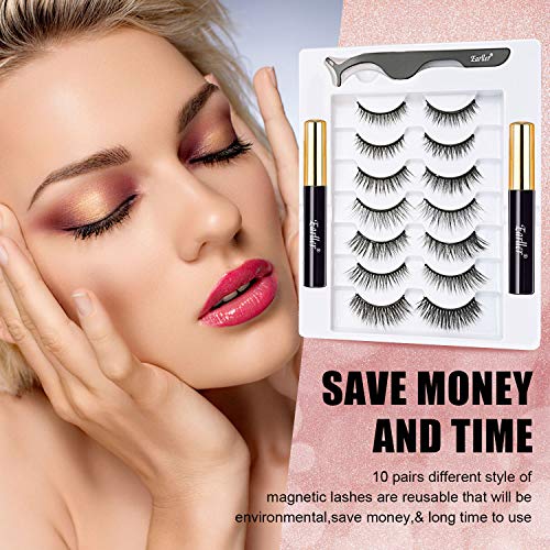 EARLLER 7 Pairs Magnetic Eyelashes with Eyeliner Kit, Natural Look and Fluffy Volume Faux Mink False Lashes - Easy to Apply and No Glue Needed, Reusable Short and Long Lashes Set