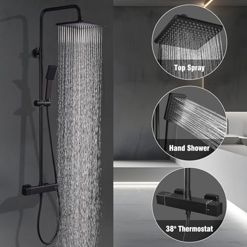 HOMELODY Shower System with Thermostat Black - Shower Fitting Stainless Steel Rain Shower with Fitting, Complete Set 2 Shower Head Safety Lock at 38 °C, Shower Fitting Black