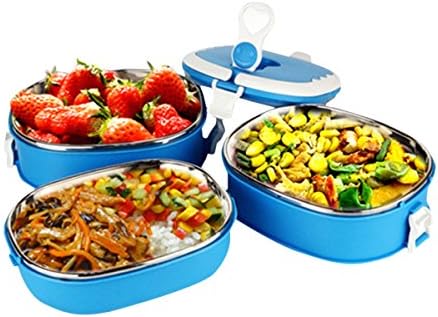 Adorrable Stainless Steel Lunch Box Bento Insulated Leak Resistant Thermal Nontoxic Food Containers, Blue, 3 bowls