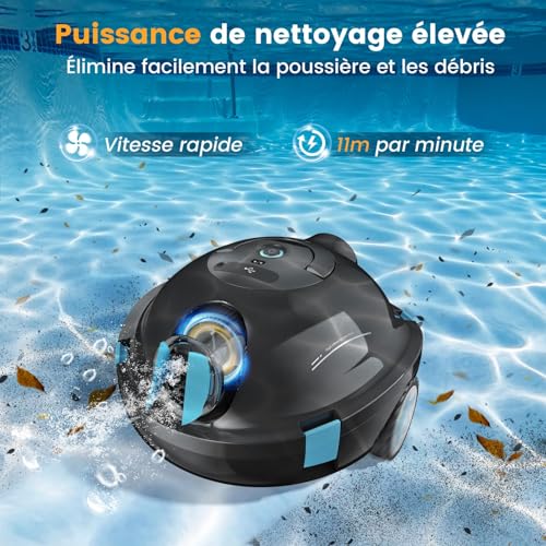 Robot Piscine, Robot Piscine sans Fil Y10 | Aspirateur Automatique et Puissant, 120 Minutes d'Autonomie & Auto-Stationnement, Conçu pour Bassins Enterrés et Piscines à Fond Plat jusqu'à 100 m²(Noir)