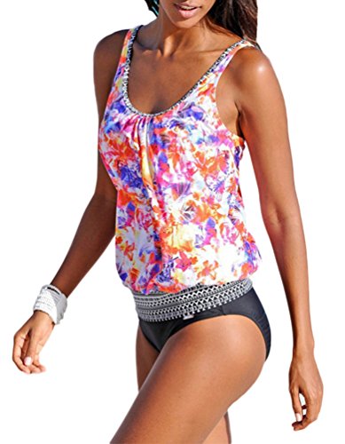 Mumentfienlis Womens Padded Two Piece Pattern Printed Tankini Swimsuit Bathing Suit Size XXL Pink2