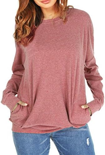 PRIMODA Womens Loose Long Sleeve Round Neck Sweatshirt Casual Solid T-Shirt Pullover Tunic Tops with Pockets