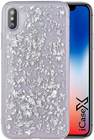 Apple iPhone X Silver Flake Case, Slim Fit Ultra Thin Anti-Scratch Shock Proof &amp; Dust Proof Flexible Premium Feel Shiny TPU Soft Shell with Silver Flakes [Support Wireless Charging] – ICaseX