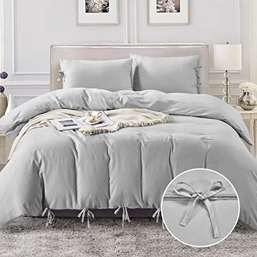 HOMEIDEAS Light Grey Duvet Cover King with Ties 90x102”, 3 Piece Washed