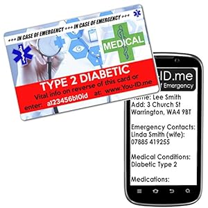 Type 2 Diabetic ID Wallet Card Wallet Purse Identity. Free Gold Plan Medic Alert Service. Store Emergency Contact/Next of Kin, Condition Diabetes