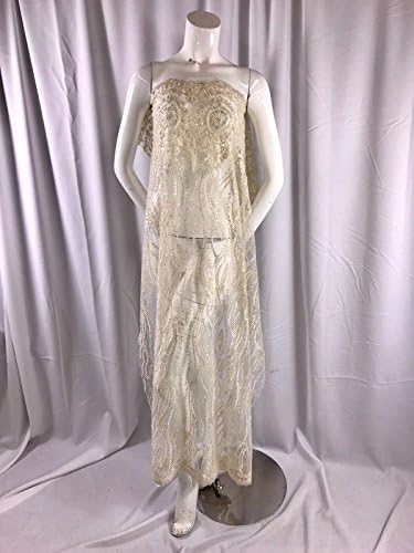 IVORY HAND BEADED LACE FABRIC EMBROIDER WITH BEADS AND PEARLS ON A MESH-BY YARD.
