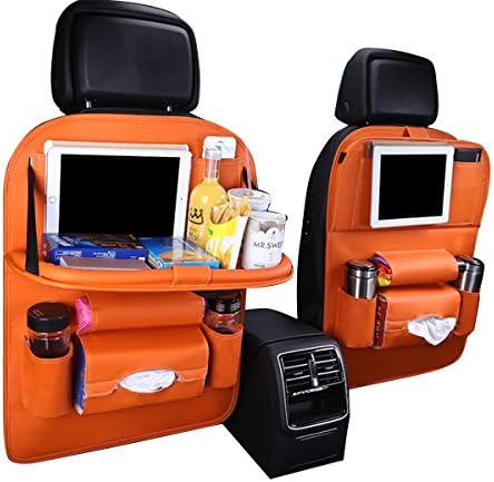 FAWORS Car Back Seat Organizer with Foldable Dining Table, PU Leather Auto Storage Bag with iPad Holder, Tissue Box and Large Pockets for Snacks and Kids' Toys