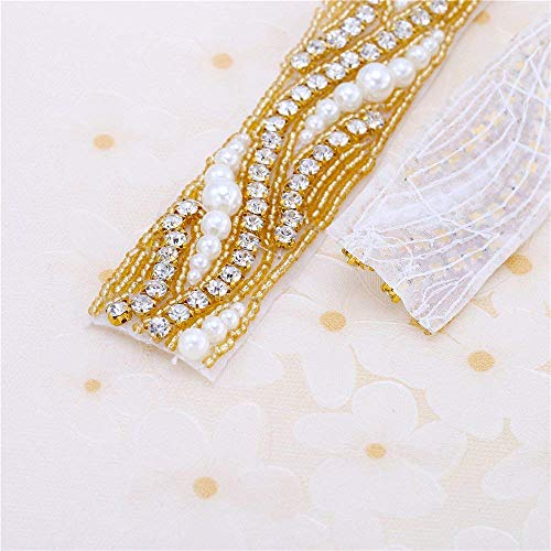 Gold Beaded Bridal Rhinestone Applique Trim 1 Yard with Crystal Pearl for Wedding Dress Sash Prom Party Formal Belts (36x1.2in) - Thumbnail 3