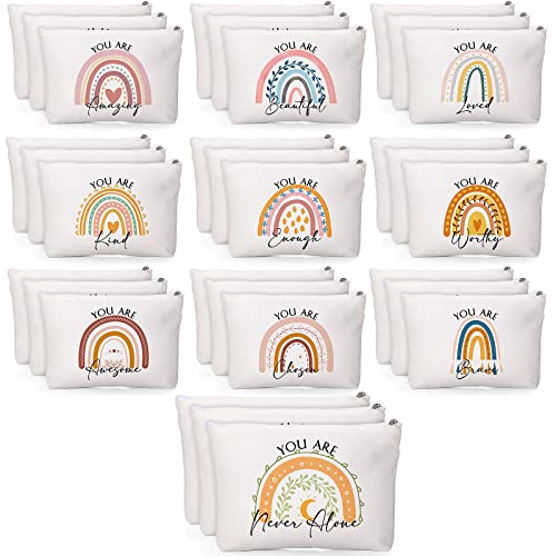 Coume 30 Pcs Inspirational Canvas Makeup Bags Bulk for Women Motivational Cosmetic Bags with Zipper Travel Makeup Pouch for Teacher Coworker Employee Appreciation Gifts Birthday Party(Rainbow)