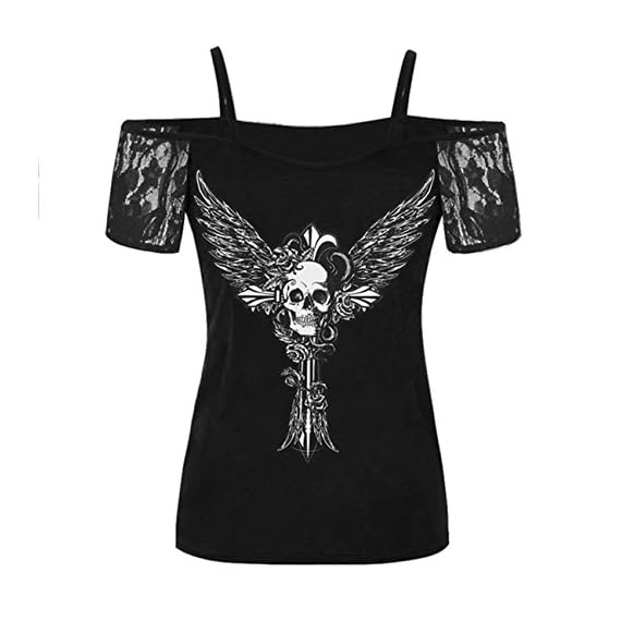Women-Skull-Print-Punk-Rock-Gothic-Shirt-Short-Sleeve-Blouse-Tank-Tops-Size-S-5XL