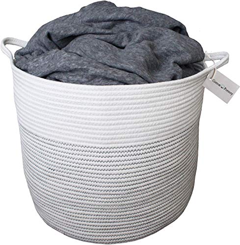 Cotton Rope Basket White Blanket Basket Storage For Baby Toys Pillows Towels Laundry Nursery Hamper Organizer Large 17 Inch X 15 Inch Round Woven Baskets With Handles Living Room Decor