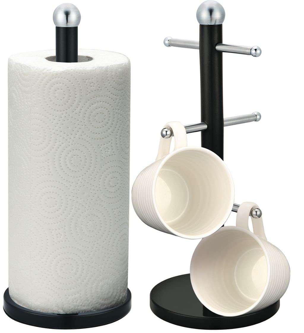Royal Cuisine Black Stainless Steel Kitchen Roll Holder and Mug Tree Set Paper Towel Holder Kitchen Towel Holder & Cup Holder with 6 Hooks Weighted Anti-Slip Base Stylish Mug Holder Stand