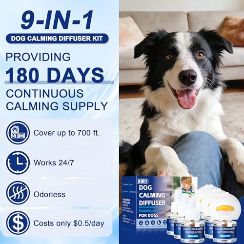 Jeweeio 9 In 1 Dog Calming Pheromone Diffuser (3 Plug in + 6 Refills), Relief Anxiety, Storm Stress & Indoor Behavior Support, 180 Day Long Lasting Refill, Natural Odorless Safe Formula