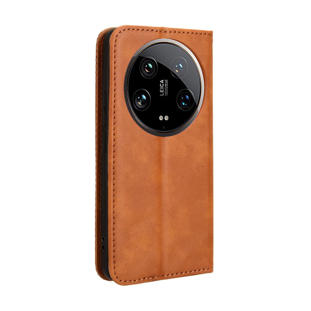 COMAKU Compatible with Xiaomi 14 Ultra Case Leather - Flip Cover Protection magnetic Phone Case wallet with Card Holder - Brown