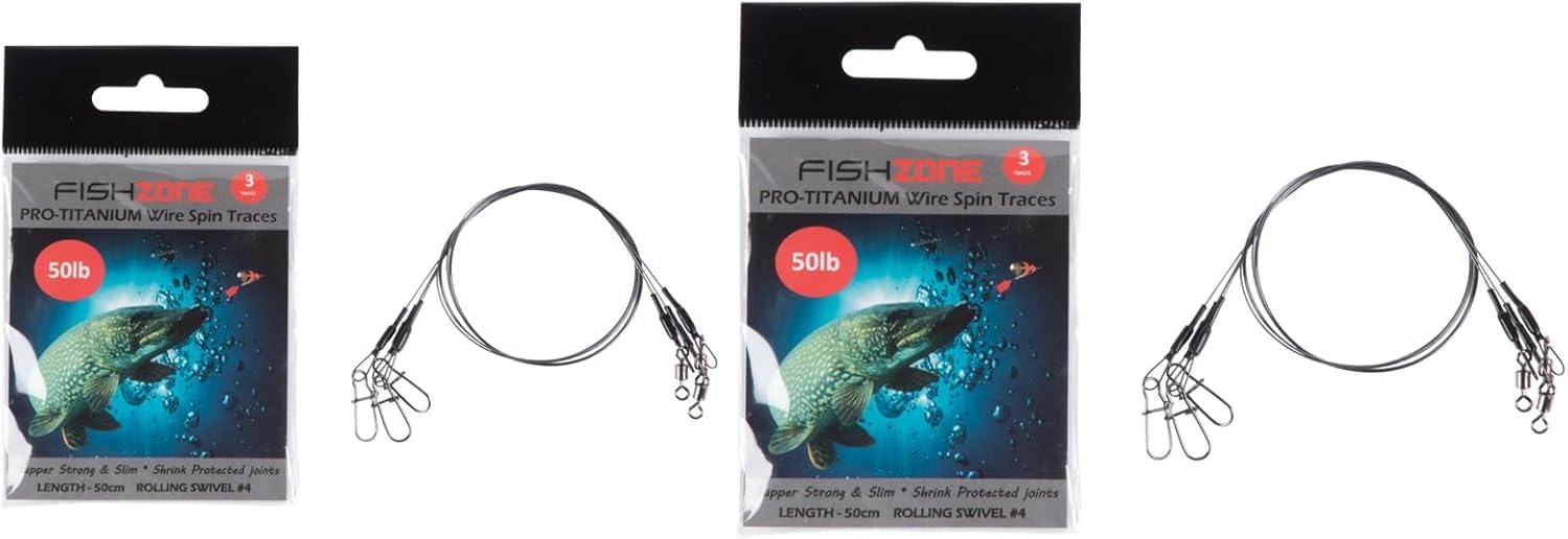 FISHZONE - 6 (2 packs of 3) PRO Titanium 50cm Wire Spin Traces with Rolling Swivel - 40lb 50lb - Low Diameter For Making Low Visibilty Predatory Fishing Rigs (40lb - 50cm Trace - #4 Swivel)
