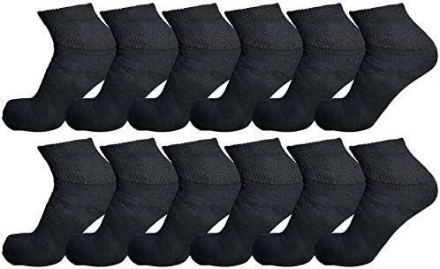 12 Pairs Diabetic Quarter Ankle Socks for Men, Non Binding Cotton Sock, Promotes Blood Circulation, Therapeutic (Black) (Sock Size 10-13)