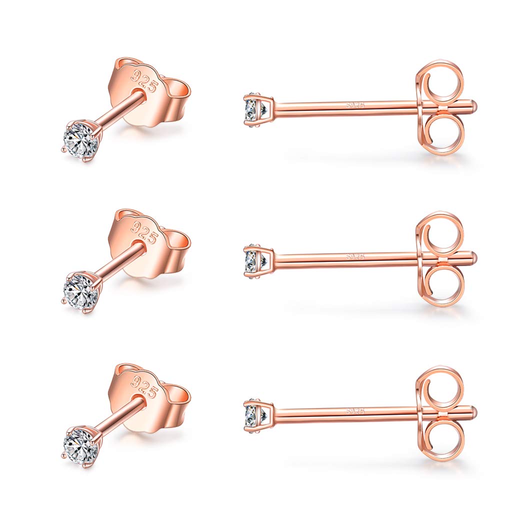 CERSLIMO Silver Stud Earrings for Women Men Girls, 3 Pairs Sterling Silver Tiny Cubic Zirconia Stud Earrings Small Dainty Cartilage Tragus Sleeper Earrings Set (2mm, Rose Gold)
