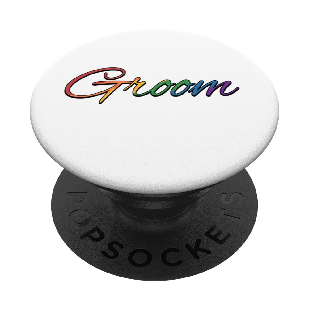 Gay Pride Groom Typography in Rainbow Colors PopSockets Swappable PopGrip