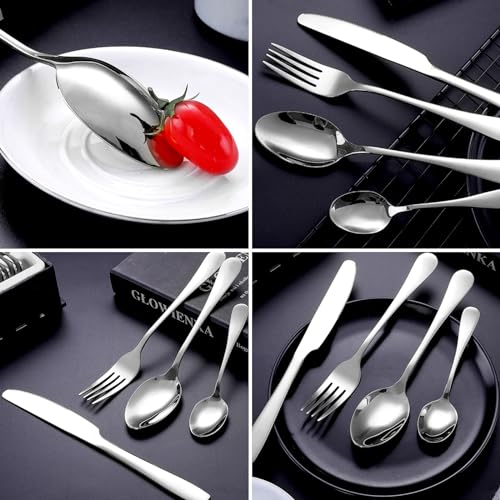 Juego de Cubiertos, 24 Piezas Juego de Cubiertos de Acero Inoxidable, Tenedor, Cuchara, Cuchillo, Set de Cubiertos para 6 Personas, Caja de Regalo y Tarjeta de Felicitación, Lavavajillas (Plata)