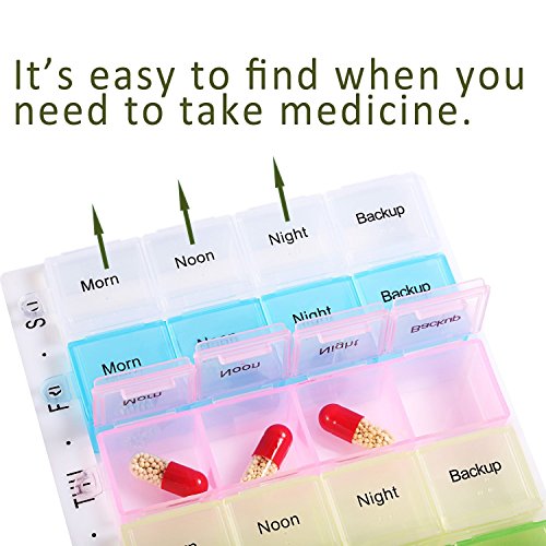 7 Days Pill Organizer Tablet Box Weekly Medication Case Daily AM Morning Noon PM Night Backup