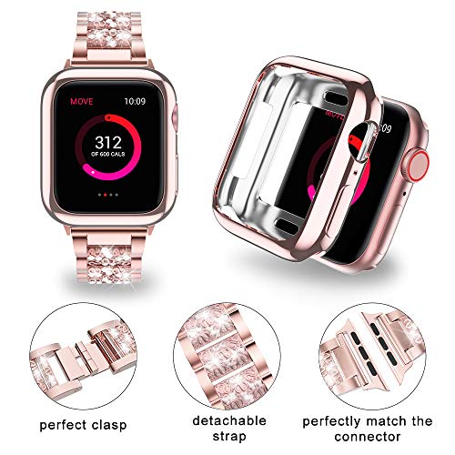 LELONG for Apple Watch Band 38mm 40mm 42mm 44mm Series 5 Series 4 3 2 1 with Case, Bling Replacement Bracelet iWatch Band, Diamond Rhinestone Stainless Steel Metal Wristband Strap